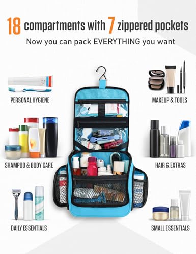 VENTURE 4TH Hanging Travel Toiletry Bag 18 Compartments - Tiffany Blue | Hangs on rails, hooks or doors; stands upright. Removable TSA pouch. Water-resistant Nylon 290D Twill, reinforced stitching. - color: Tiffany Blue