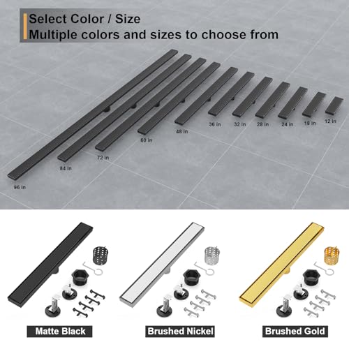 Linear Shower Drain - 12 Inch Matte Black, with Tile Insert Panels | AISI 304 Stainless Steel Shower Drain with Adjustable Feet, Hair Catcher, Rectangle Shower Floor Drain Fits Bathroom, Balcony - color: Matte Black, size: 12 Inch