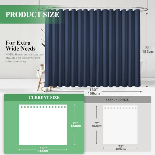Extra Wide Waffle Shower Curtain 256 GSM Fabric 180x72 Navy Blue | 180 Inch Wide, Thick Polyester Cloth, Weighted Hem, Water Repellent, Washable, Hotel Shower Curtain Set for Bathroom 32 Hooks - color: Navy Blue, size: 180"W x 72"L (Pack of 1)