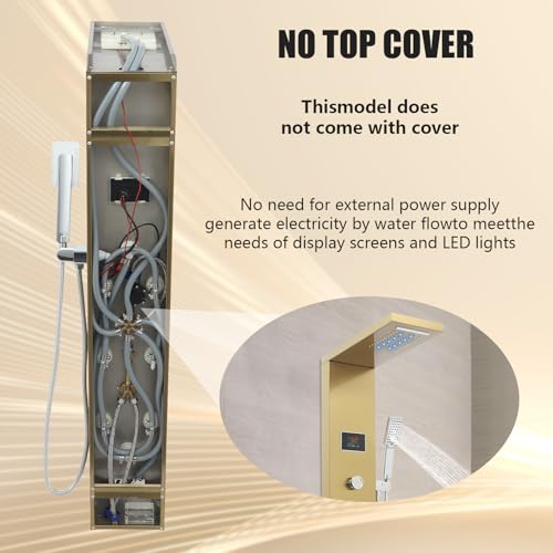 6-in-1 LED Shower Panel Tower System with 8 Adjustable Body Jets, Rainfall & Waterfall Shower, Smart Temperature Display, 59" Hose, Brushed Gold Stainless Steel, Wall Mounted - color: Gold