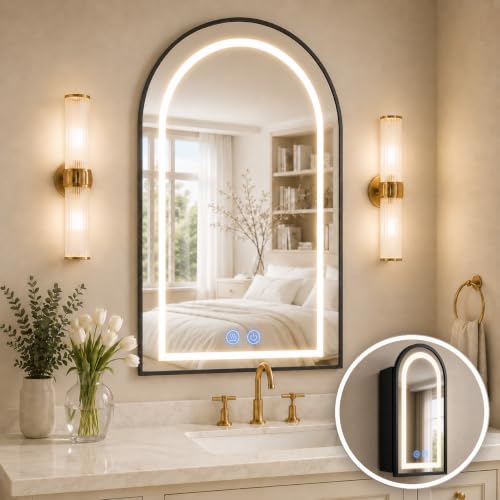 Arched Medicine Cabinet with LED Lights, Lighted Bathroom Medicine Cabinet Mirror with Anti-Fog, No Assembly Required Recessed or Surface Mount (Black, 36" H x 24" W) - color: Black, size: 36"H x 24"W
