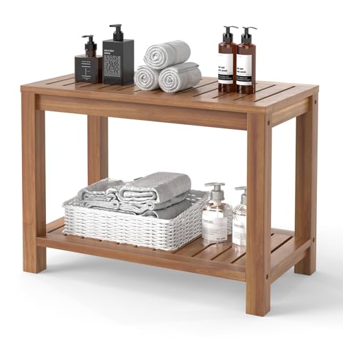 Giantex Teak Shower Bench with Shelf, 24 Inch Shower Stool with Slatted Seat for Elderly Seniors, Waterproof Bathroom Spa Bathing Seat Foot Rest Entryway Bench for Indoor and Outdoor Use - size: 24" x 12.5" x 18"