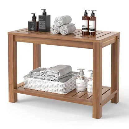 Giantex Teak Shower Bench with Shelf, 24 Inch Shower Stool with Slatted Seat for Elderly Seniors, Waterproof Bathroom Spa Bathing Seat Foot Rest Entryway Bench for Indoor and Outdoor Use - size: 24" x 12.5" x 18"