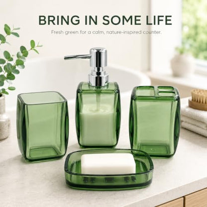 LGURT 4pc Green Acrylic Bathroom Set — Soap Dispenser & Divided Cup | soap dispenser, soap dish, cup & toothbrush cup. Green acrylic, gift-ready for housewarming, hotel, dorm or bath refresh. - color: Fresh Green