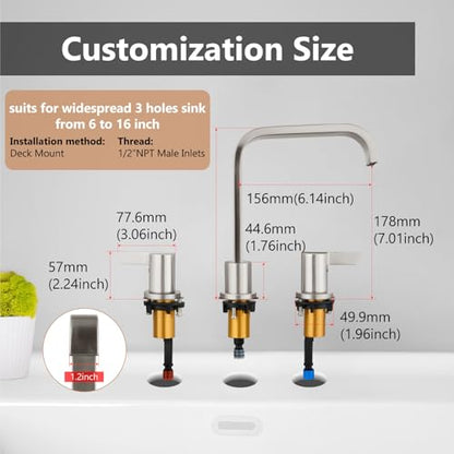 Brushed Nickel Bathroom Faucet 3 Hole 8 Inch Widespread Waterfall | 2-Handle Vanity Faucet, Pop-Up Drain, Supply Lines, Adjustable 4- to 16-Inch Widespread Fit, 360° Swivel Spout - color: Brushed Nickel