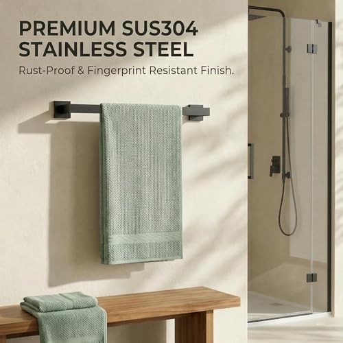 Matte Black Bathroom Hardware Set 5-Piece, Modern Square SUS304 Stainless Steel Bath Accessory Kit with 23.6" Towel Bar - color: Matte Black