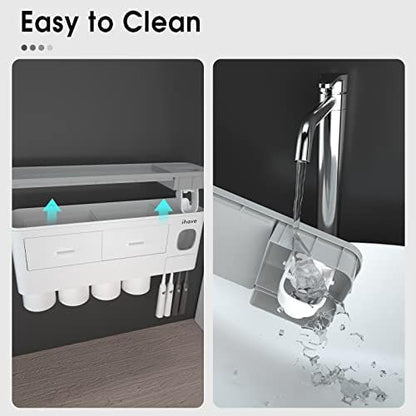 iHave Toothbrush Holders Wall Mounted with Toothpaste Dispenser & 4 Cups | All-in-One Bathroom Organizer: 4 Cups, 7 Slots, Toothpaste Dispenser, Large Tray & Drawer. Wall Mount, No Drilling Required - color: White, size: 4 cup