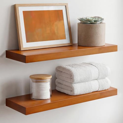 20 inch Floating Shelf Oak, High End Solid Real Wood 20inch Long Floating Shelves for Wall Mounted, Honey Oak Wooden 20in Floating Shelves, Heavy Duty Bracket, 20 X 6.5 X 1.75 inch, Set of 2 - color: Honey Oak - Warm Amber Tone, size: 20 inch