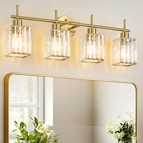 Brushed Gold Bathroom Light Fixtures, Square, 4-Light | Vanity Lights with Crystal Shades, Modern Bathroom Lighting Fixtures over Mirror (Bulbs Not Included, E26) - color: Brushed Gold (Square), size: 4-Light