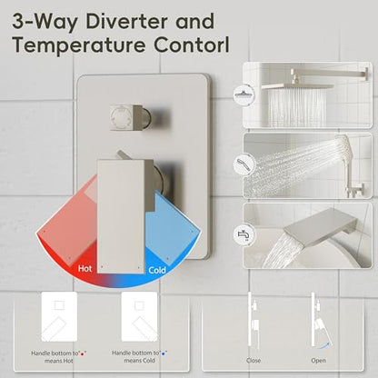 Gabrylly Shower System with Tub Spout, Wall Mounted Tub Shower Faucet Set for Bathroom with High Pressure 10" Rain Shower head and 3-Setting Handheld Shower Head Set,Brushed Nickel - color: brushed nickel 01