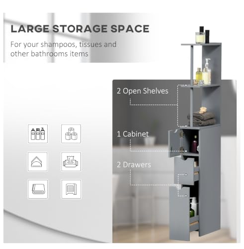 Bathroom Storage Cabinet, 54" Tall Linen Tower, Freestanding Organizer with Drawers & Shelves, Narrow Side Cabinet, Grey
