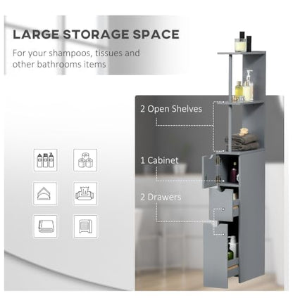 Bathroom Storage Cabinet, 54" Tall Linen Tower, Freestanding Organizer with Drawers & Shelves, Narrow Side Cabinet, Grey
