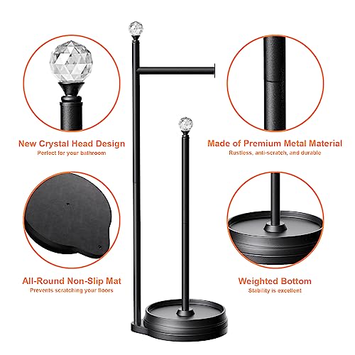 KASUNTO Toilet Paper Holder for Bathroom, Heavy Weighted Metal Free Standing Toilet Paper Holder Stand with Crystal Ball, Toilet Paper Roll Stand for Bathroom Accessories (Matte Black) - color: B- Matte Black