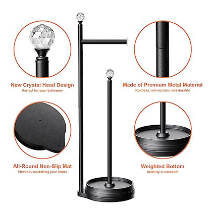 KASUNTO Toilet Paper Holder for Bathroom, Heavy Weighted Metal Free Standing Toilet Paper Holder Stand with Crystal Ball, Toilet Paper Roll Stand for Bathroom Accessories (Matte Black) - color: B- Matte Black
