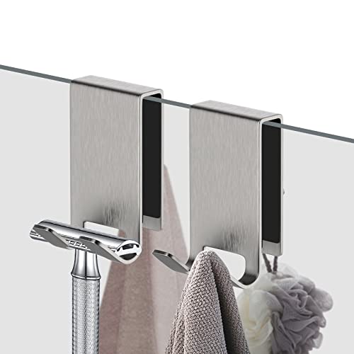 Double-Sided Shower Door Hooks for Frameless Glass Doors, Fits 0.47 in (12 mm) Glass, Stainless Steel Towel and Robe Hanger, No Drill, 2-Pack, Silver - color: Silver