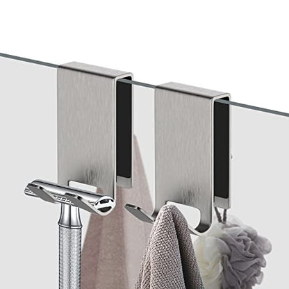 Double-Sided Shower Door Hooks for Frameless Glass Doors, Fits 0.47 in (12 mm) Glass, Stainless Steel Towel and Robe Hanger, No Drill, 2-Pack, Silver - color: Silver