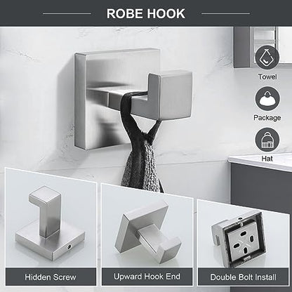 TQKAG 6-Piece Towel Bar Set, 23.6 Inch Bathroom Hardware Set Brushed Nickel | Stainless Steel, Wall Mounted, Nickel Bathroom Accessories Include Toilet Paper Holder Wall, Towel Bar, Towel Ring, Coat Hook - color: Brushed Nickel, size: 6-Pieces Set-A