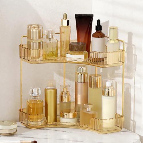 INVSSENE Corner Bathroom Countertop Organizer, Vanity Organizer Trays for Counter, Makeup Organizers, Perfume Tray, Skincare Shelf Storage Gifts for Women Girl Student (Yellow, 2 Tiers) - color: Yellow, size: 13.6" x 10.1" x 11.6"