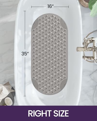 DEXI Bathtub Mat Non Slip 16x35, Shower Floor Mats for Bathroom Bath Tub | Clear Grey, Washable Oval Bathmat, Suction Cups and Drain Holes to Keep Tubs Clean - color: Clear Gray
