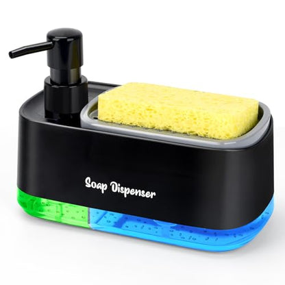 Hand and Dish Soap Dispenser Set for Kitchen, Dual Soap Dispenser with Sponge Holder, 3-in-1 Countertop Soap Pump Dispenser for Kitchen Sink, Useful Kitchen Gadgets - Black - color: Black