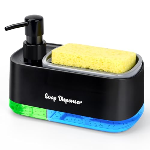 Hand and Dish Soap Dispenser Set for Kitchen, Dual Soap Dispenser with Sponge Holder, 3-in-1 Countertop Soap Pump Dispenser for Kitchen Sink, Useful Kitchen Gadgets - Black - color: Black