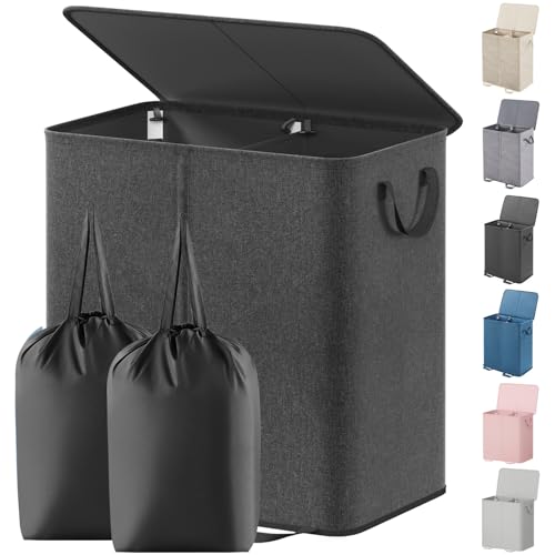 Lifewit Double Laundry Hamper with Lid and Removable Laundry Bags, Large Collapsible 2 Dividers Dirty Clothes Basket with Handles for Bedroom Laundry Room Closet Bathroom College, 136L Black - color: Black, size: 136L