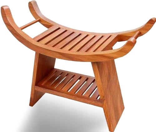 23" Teak Shower Bench Shoe Storage Bench Teak Shower Stool Curved Seat,Wooden Stool for Bathroom,Teak Wood Shower Seat Chair with Shower Storage Shelf,Hold Up to 500 LBS