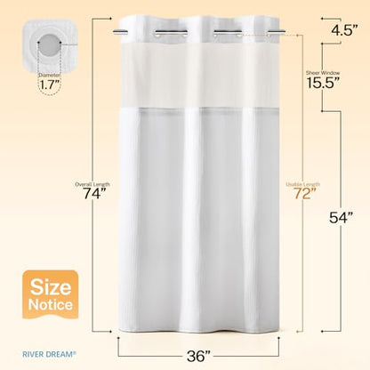 RiverDream Heavyweight Waffle No Hook Shower Curtain with Liner,White,36x74 | Dotted Waffle,Snap-in Liner,Heavy Duty,Quick Dry,Mesh Top Window,With Bottom Magnets,Hotel-Grade,Washable,Small Stall Size - color: White, size: 36"W x 74"L (Pack of 1)