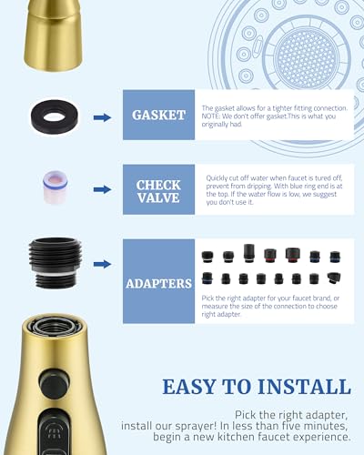 Kitchen Faucet Spray Head Replacement, Pull Down Sprayer with 15 Adapters | Pull Out Faucet Spray Nozzle, 3 Modes Stream/Spray/Strong Spray, DOE CEC Certified, Simple Installation, Brushed Gold - color: Gold Brushed