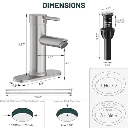 Bathroom Faucet for 1 or 3 Holes, Brushed Nickel, Brass | Single Handle Bathroom Sink Faucets, Modern Commercial Lavatory Vanity Faucet, with Deck Plate and Supply Line, Pop Up Drain - color: Brushed Nickel