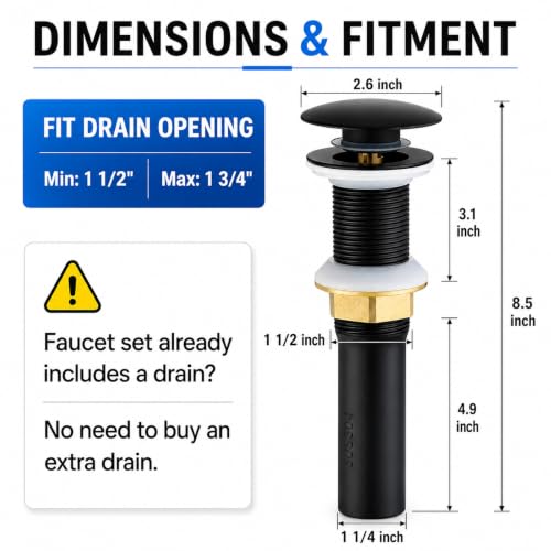 Pop up Drain for Bathroom Sink,Vessel Sink Drain Without Overflow,Black | All-Metal Rustproof 304 Stainless Steel with Anti-Clogging Hair-Catcher Basket - color: Matte Black