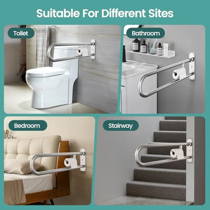 29.5 Inch Foldable Toilet Grab Bars, Bathroom Stainless Steel Handrails with Paper Holder, Handicapped Flip-Up Handles, Senior Safety Rails, Wall Mounted Hand Grips, for Elderly, Disabled, Pregnant - size: 29.5 inches