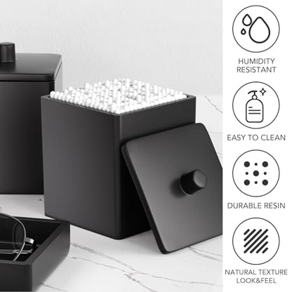 Black Bathroom Accessories Set Resin 6PCS, Square Toothbrush Holders Set Complete with Soap Dispenser, Vanity Tray, Tumbler, Cups and Cotton Swab Jars for Counter, Sink or Small Spaces - color: Black