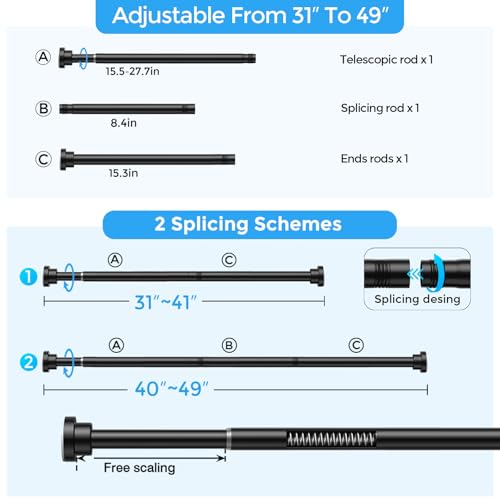 Shower Rods 31-49" 2Pcs Black Spring Shower Tension Rod Adjustable | 7/8" Tension Curtain Rods Carbon Steel Tube, Rust-Proof Non-Slip Tool-Free, Tension Rod for Windows Bathroom Room Divider - color: Black, size: 31"-49"-2P