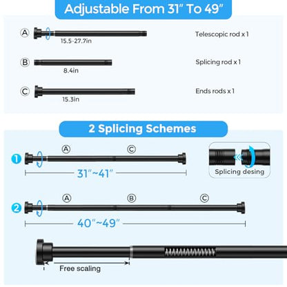Shower Rods 31-49" 2Pcs Black Spring Shower Tension Rod Adjustable | 7/8" Tension Curtain Rods Carbon Steel Tube, Rust-Proof Non-Slip Tool-Free, Tension Rod for Windows Bathroom Room Divider - color: Black, size: 31"-49"-2P