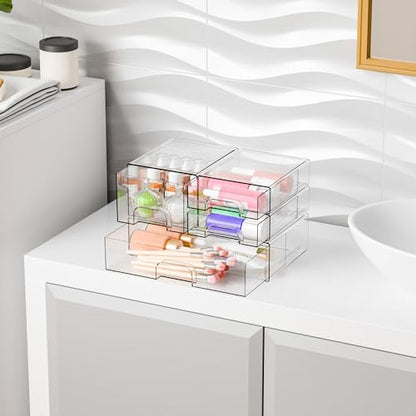 4 Pack Clear Stackable Storage Drawers,Acrylic Drawer Organizer for Medicine,Palettes,Hair Accessories and Makeup Organizer,Plastic Drawers for Cabinet,Office,Desk,Bathroom Storage Containers - style: 4 PACK