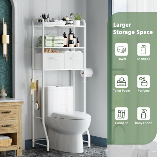 Simple Trending Over The Toilet Storage Rack with Drawers, Metal 3 Tier Bathroom Organizer Shelf with Paper Holder and 3 Hooks, White - color: White With Drawers