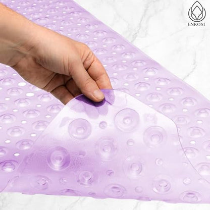ENKOSI Non-Slip Bath & Shower Mat 40x16 Extra Long, Suction & Drain Holes | Clear Purple look; Durable PVC; 40x16 in, Clear Purple - color: Clear Purple