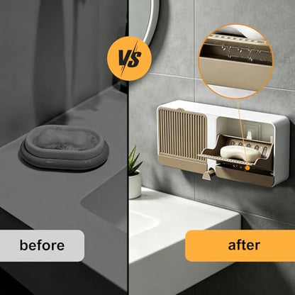 Strong Adhesive Hook Wall-Mounted Soap Dish Holder, 2-Layer Draining Tray with Removable Container, Keeps Soap Dry for Bathroom, Shower, Sink, Kitchen- Space Saver (1-Pack Khaki-Dual Compartment) - color: 1-pk Khaki-dual Compartment