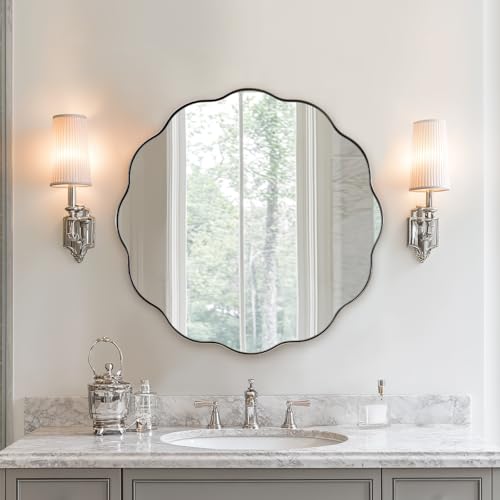 ANDY STAR Chrome Round Wall Mirror 30 inch, Polished Metal Frame Circle Bathroom Mirror in SUS304 Stainless Steel Frame, with Unique Modern Circular Wavy Design - color: Chrome, size: 30"L x 30"W