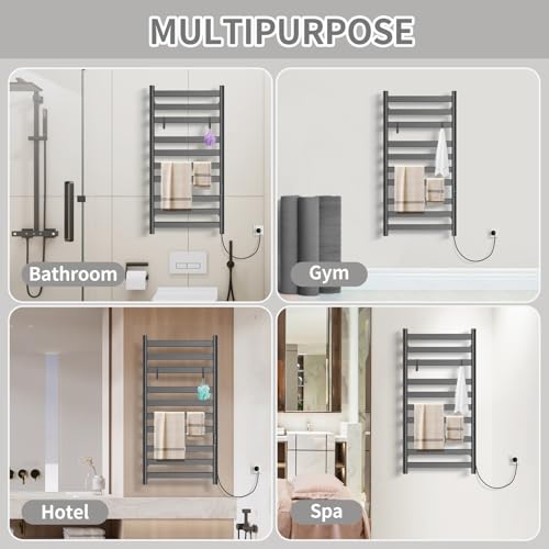 Heated Towel Rack for Bathroom, Hot Towel Warmer Rack Large 10 Bar Electric Hot Towel Warmer, Stainless Steel Wall Mounted Rack with LED Built-in Timer, Plug-in, Fast Heating, Black - color: Black