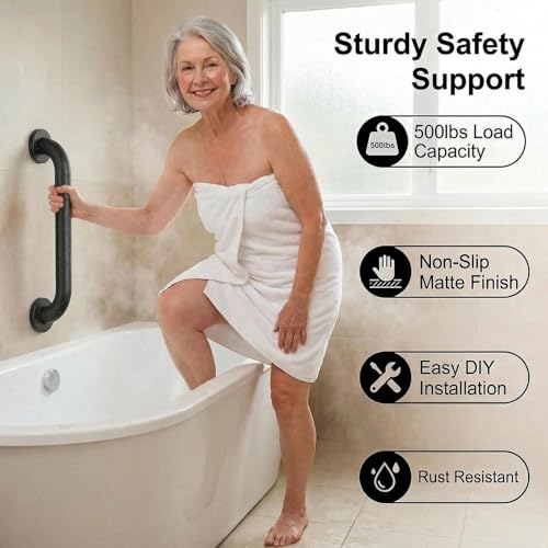 12 Inch Shower Grab Bars, 2 Pack - Anti-Slip Stainless Steel Bathroom Safety Handles for Elderly & Handicap, 304 Steel, Black, Knurled Grip（Black 12in-2-Sets）