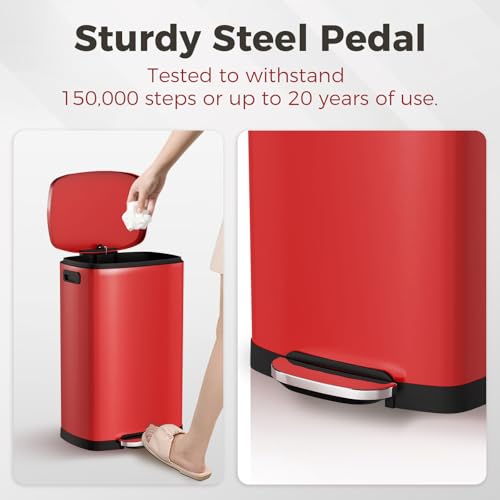 ELPHECO Kitchen Trash Can with Lid 13 Gal Stainless Steel Pedal Garbage Can | Soft Close Lid Pedal Heavy-Duty Fingerprint Proof Step Wastebasket with 20 Bags Removable Bucket, Home Office, Scarlet Red - color: Scarlet Red