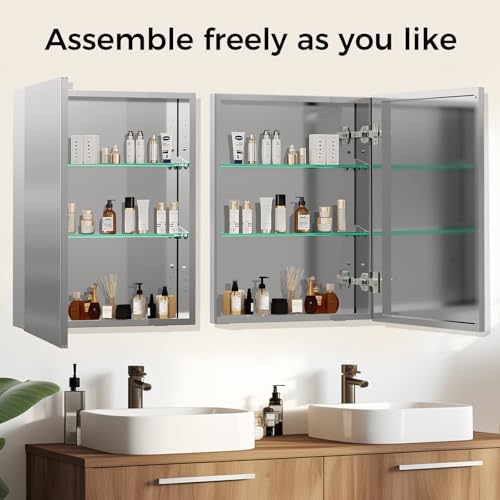 20 x 26 Inch Bathroom Medicine Cabinet with Beveled Edge Mirrored Door,Medicine Cabinet,Bathroom Mirror Cabinet,Home Medicine Cabinets with 2 Adjustable Shelves, Recessed or Surface Mount Installation - size: 20 x 26