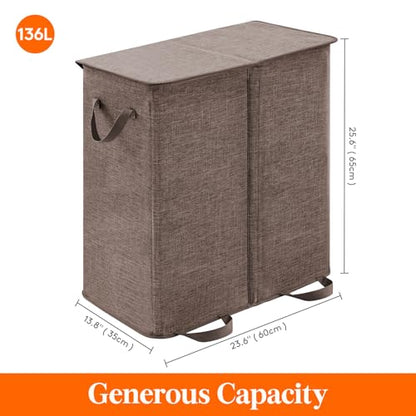 Lifewit Double Laundry Hamper with Lid and Removable Laundry Bags, Large Collapsible 2 Dividers Dirty Clothes Basket with Handles for Bedroom Laundry Room Closet Bathroom College, 136L Brown - color: Brown, size: 136L
