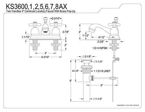 Kingston KS3601AX 4" Centerset Bathroom Faucet, Polished Chrome