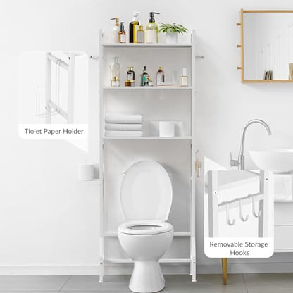 Over Toilet Storage 3-Tier Bathroom Shelf Organizer Multifunctional Above Toilet Storage Rack Freestanding Space Saver Behind the Toilet Shelf White Toilet Stand with Hooks and Toilet Paper Holder - color: White