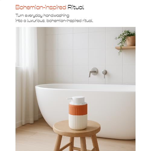 Hand Dipped Boho Ceramic Foam Dispenser 2 Pack, Terracotta White | Two Tone Ceramic Design, Rippled Cylinder, Soft Touch Silicone Pump, Organic Boho Style, Elegant Bathroom Counter Accent - color: Orange,white