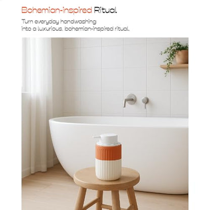 Hand Dipped Boho Ceramic Foam Dispenser, Terracotta White 12 oz | Two Tone Ceramic Design, Rippled Cylinder, Soft Touch Silicone Pump, Organic Boho Style, Elegant Bathroom Counter Accent - color: Orange,white 1 Pack