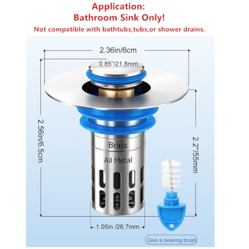 (All Metal) Bathroom Sink Stopper, Pop Up Drain Strainer for Bathroom Sink, Sink Plug Hair Catcher, Silent Popper Core w/Removable Filter Basket,Fit 1.05~2.0''Basin (Brushed Nickel, 2 Pack) - color: Brushed Nickel, size: 2 Pack